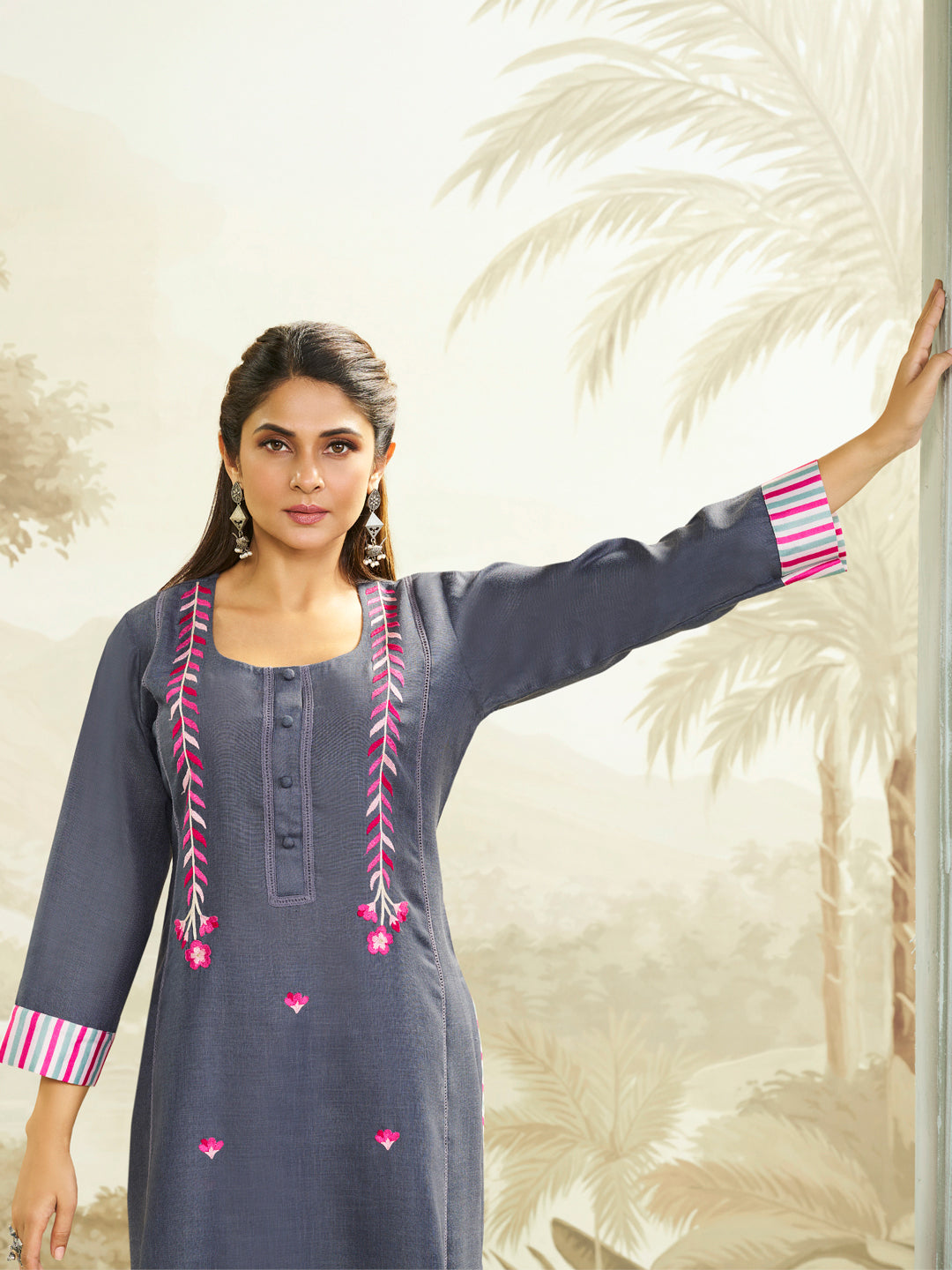 Grey Embroidered Straight Kurta Set.