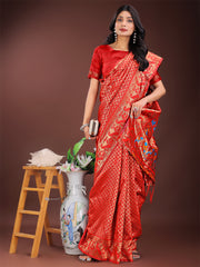 Fiery Red Banarasi Silk Saree with Gold Zari and Colorful Pallu – Perfect for Bridal, Wedding & Festive Glamour