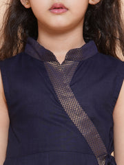 Solid Sleeveless Above Knee Length Cotton Kurta With Palazzo - Navy Blue