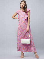 Women's Lavender Floral Maxi Dress with Flutter Sleeves