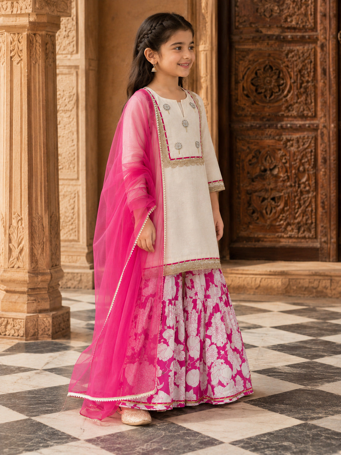 Girls Off white Kurta With Pink Floral Printed Sharara & Dupatta