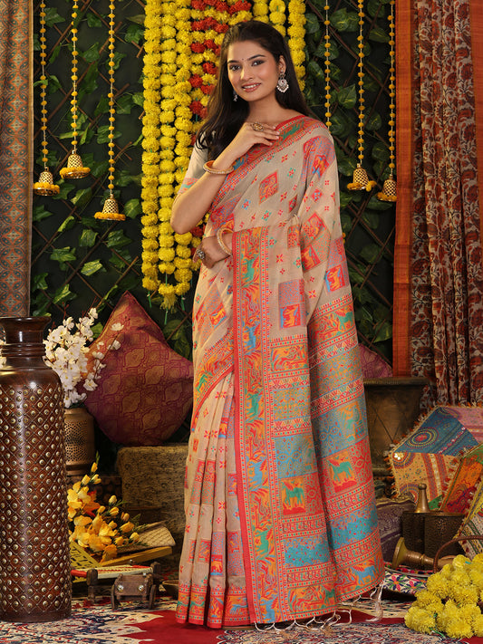 Off White Linen Cotton Saree with Multicolor Ethnic Print – Soft & Lightweight Saree for Festive, Daily, and Office Wear