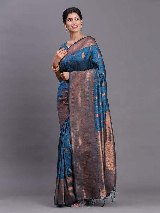 Navy Blue Banarasi Silk Saree with Copper Zari Woven Pallu & Feather Butta – Wedding & Festive Wear