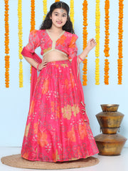 Girls Pink Multi Digital Printededed Ready to wear Lehenga & Choli with Dupatta