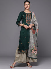 Kalini Women Green Three Quater Sleeve Embroidered Kurta Paired With Sharara And Dupatta
