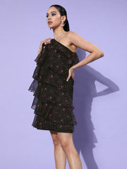 Women's Black Organza Tiered One Shoulder Dress