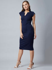 Women Navy Blue Solid Sheath Dress
