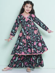 Girls Black Floral Printed Angrakha Kurta with Sharara