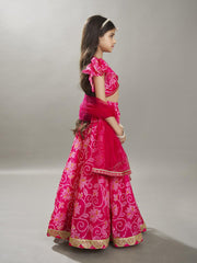 Girls Pink & White Bandhej Digital Print Ready to Wear Lehenga With Choli