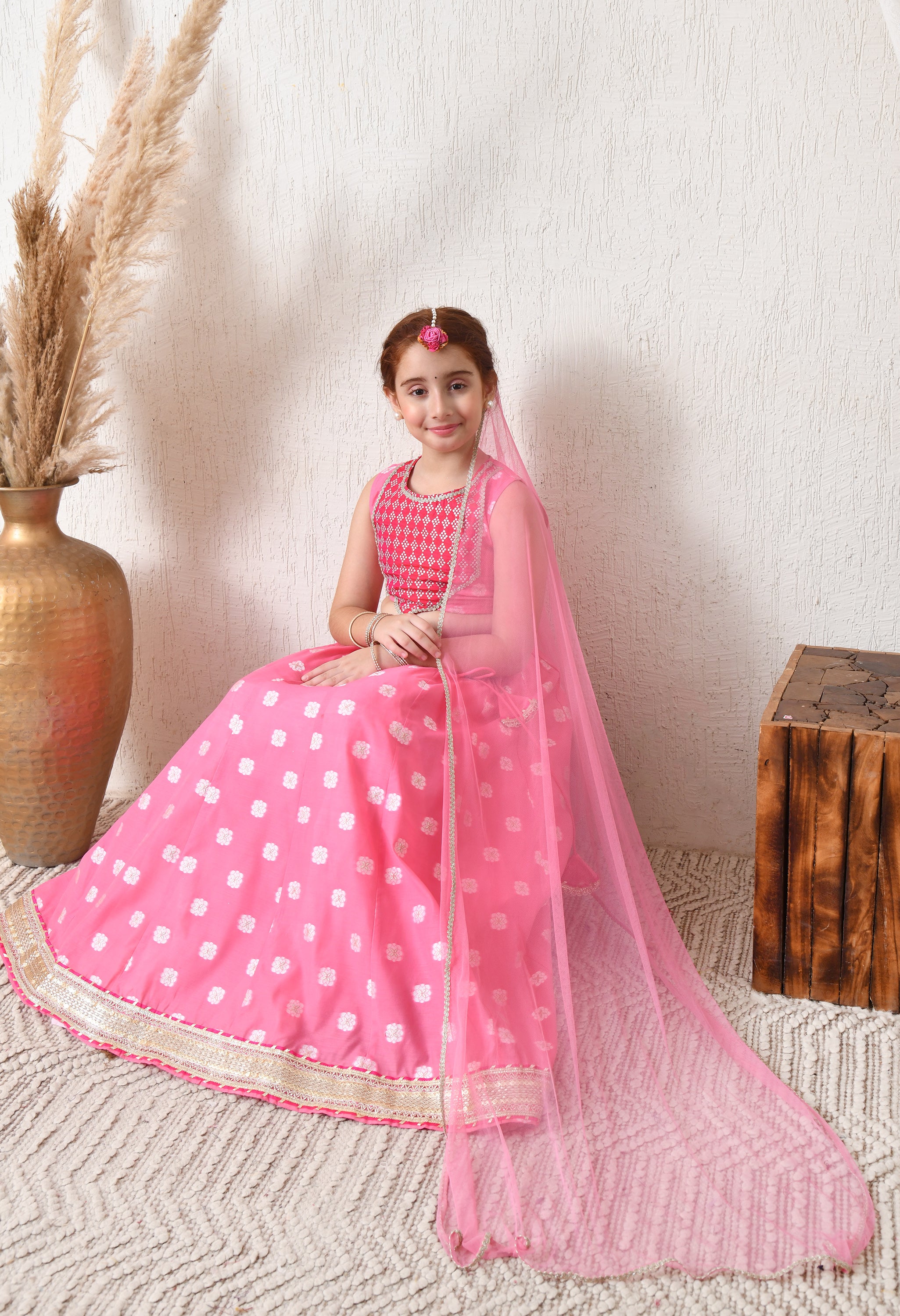 Girls Pretty Pink Embroidered Lehenga Choli Set with Net Dupatta