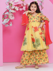 Girls Yellow Floral Printed Angrakha Kurta with Sharara with dupatta