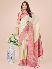 Premium Pink & Sky Blue Floral Woven Lichi Silk Saree with Rich Pallu & Tassels – Festive & Party Wear for Women