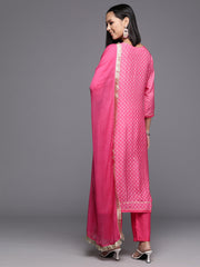 Women Women Pink Bandhani Printed Straight Kurta Paired With Tonal Bottom And Dupatta
