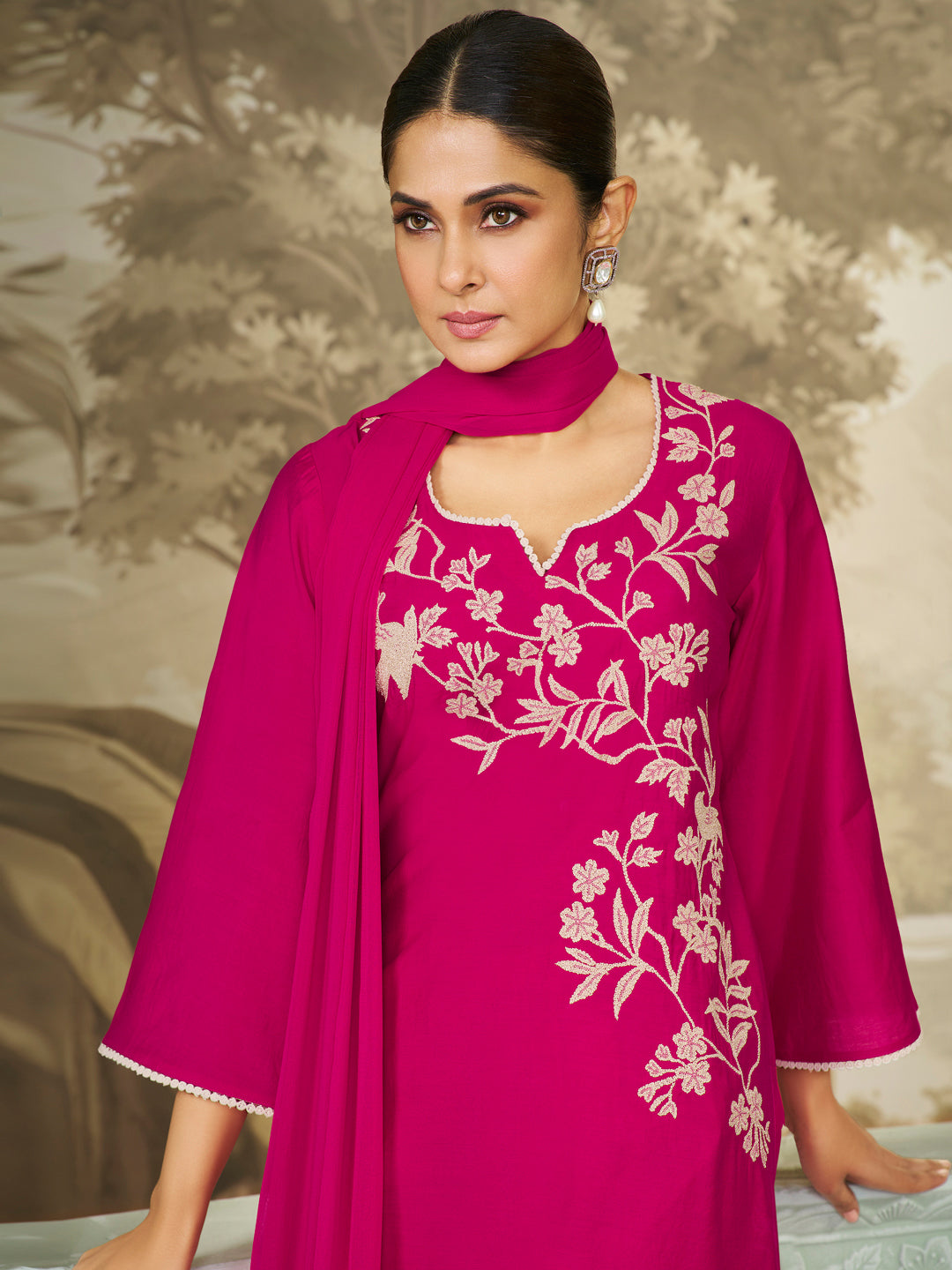 Pink Embroidered Straight Kurta Set With Dupatta.