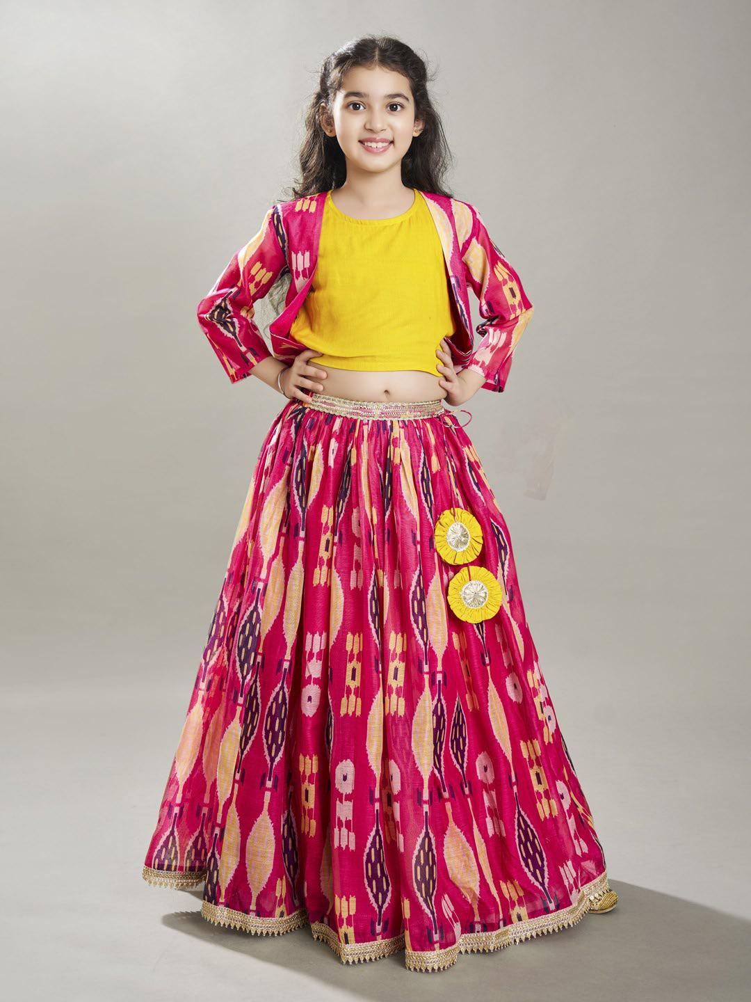 Girls Pink & Yellow Ikat Digital Print Ready to Wear Lehenga & Blouse with Jacket