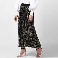 Women's Black Chain Print Pleated Skirt