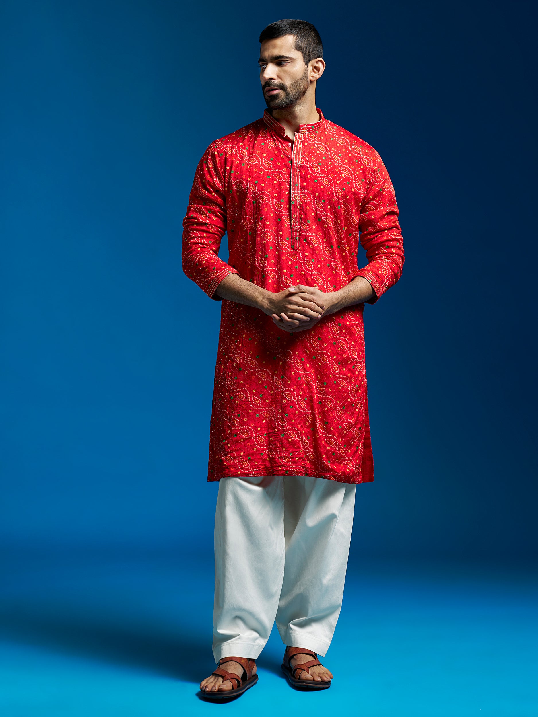Red and Cream Chinon Kurta and Patiala Set