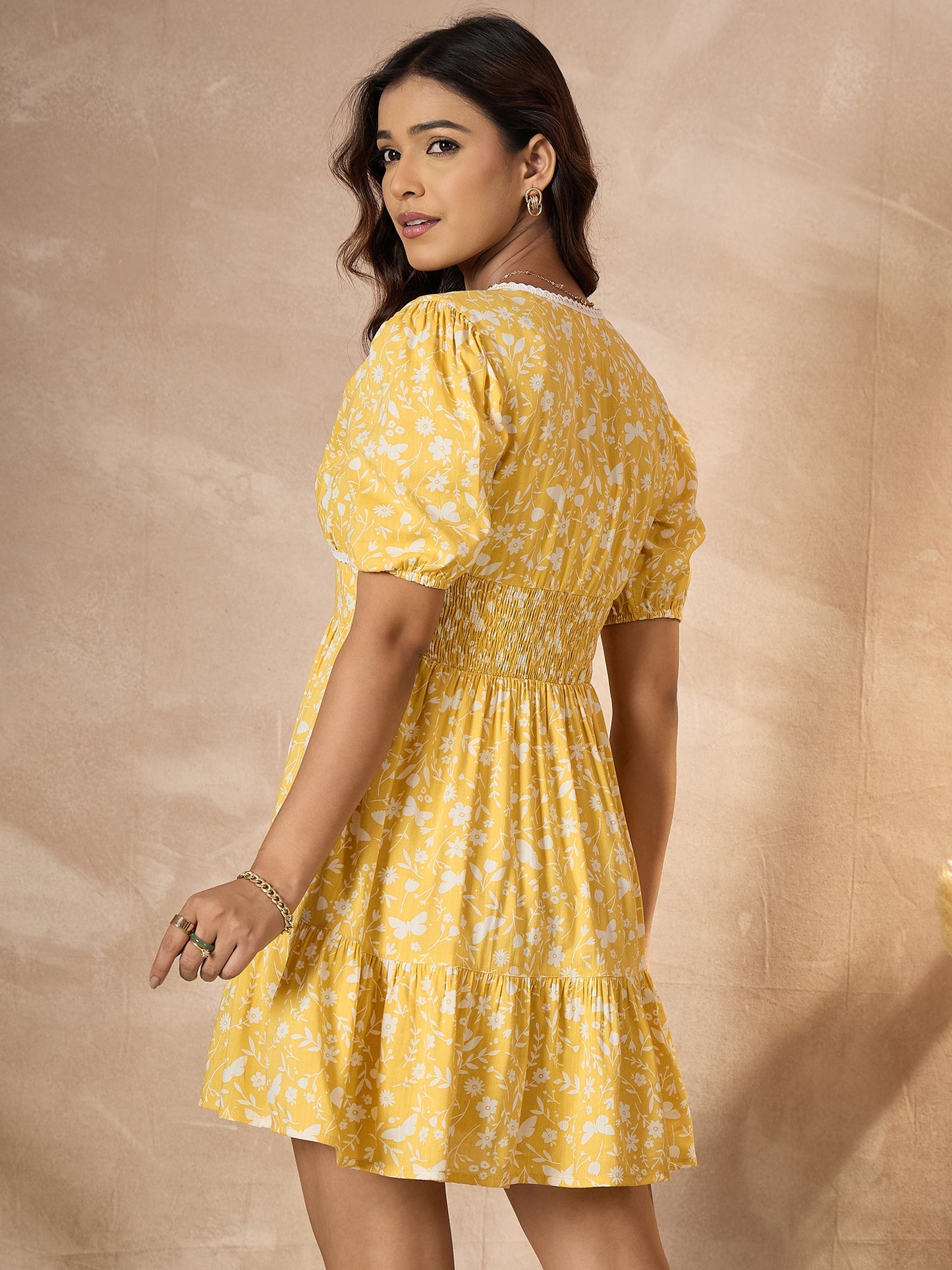 StyleStone Women's Cotton Yellow Floral Dress with Lace detail