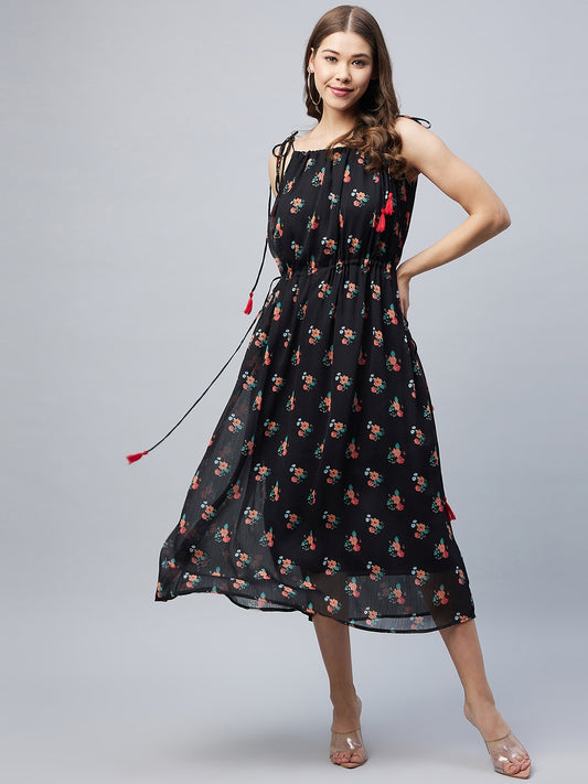 Women's Black Floral Tie up Dress with Tassels