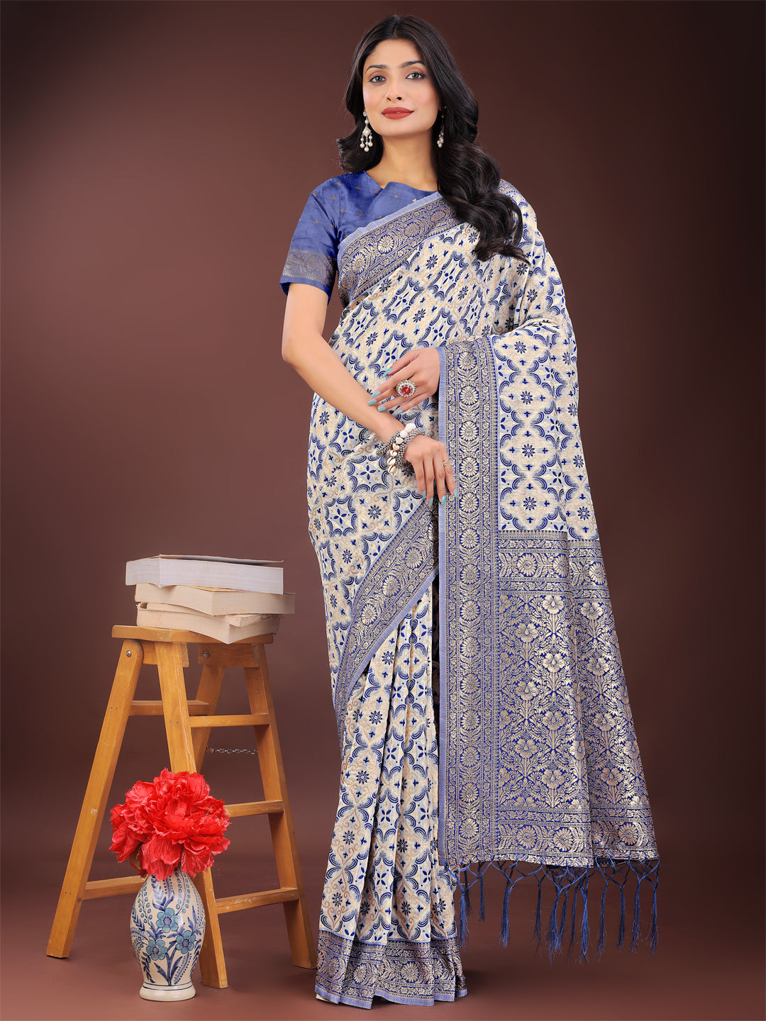 Blue Linen Saree with Rich Woven Zari Work – Elegant Ethnic Saree for Festive & Office Wear