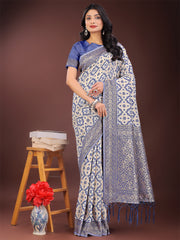 Blue Linen Saree with Rich Woven Zari Work – Elegant Ethnic Saree for Festive & Office Wear