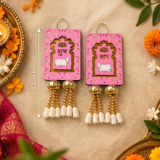 Shubh Labh Door Hanging, MDF Wood, Pink, 6.5Inch Pink 
