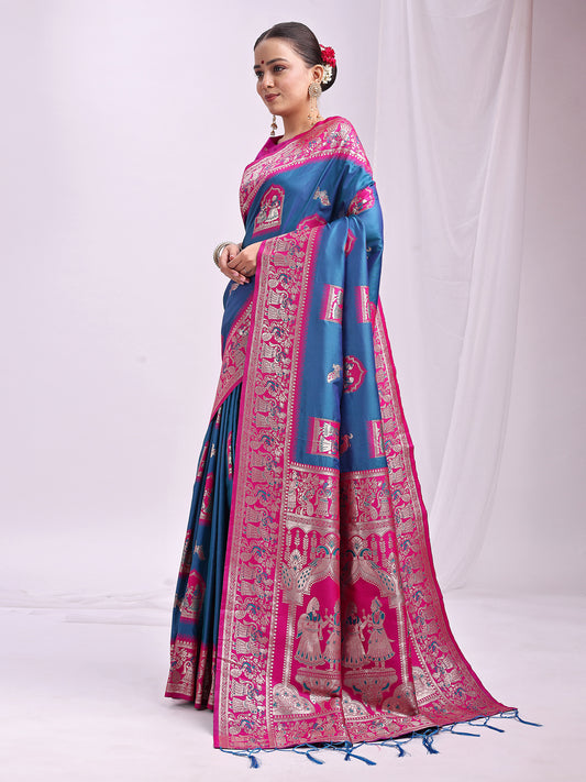 Banarasi Silk Saree with Blue & Rani Pink Zari Work – Wedding & Festive Traditional Saree | Temple Border & Royal Motifs | Soft & Shiny Silk Finish