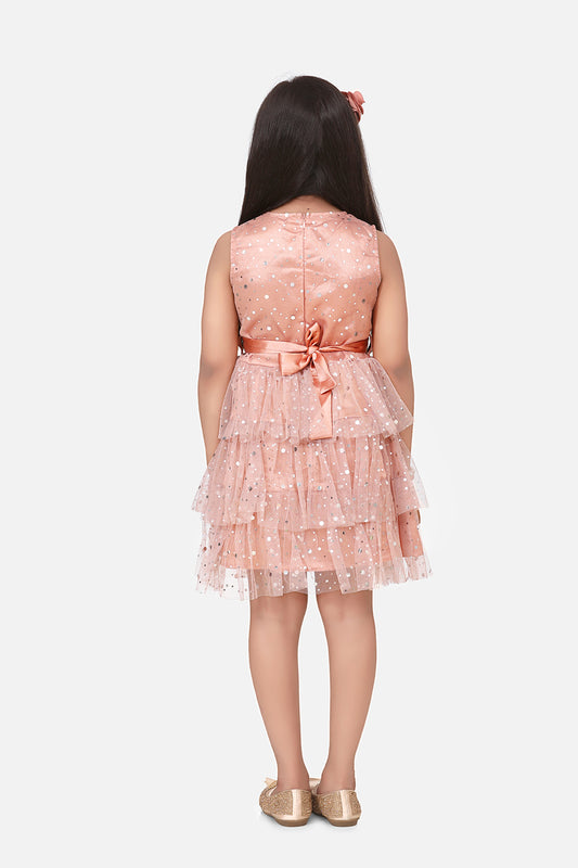 Girls MultiTier Embellished Beige Net Party Dress