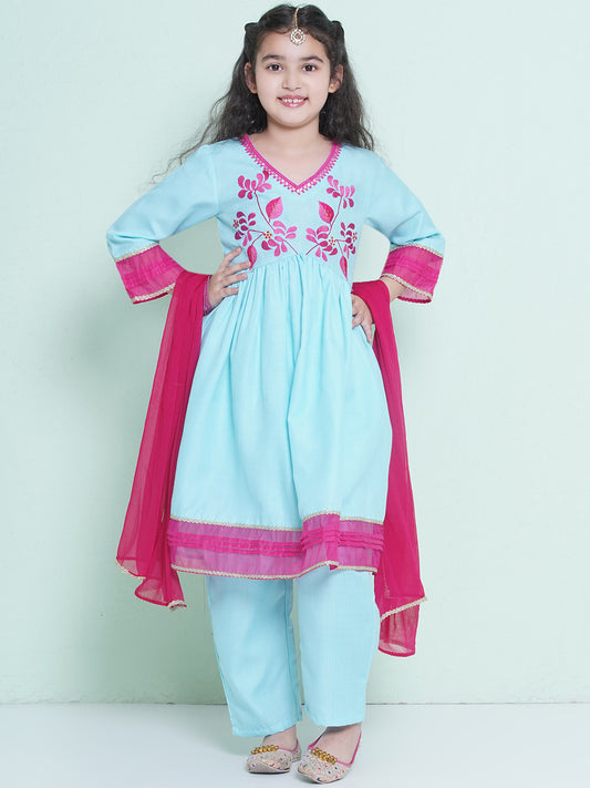 Girls Blue Embroidered Alia Design Kurta With Trousers With dupatta