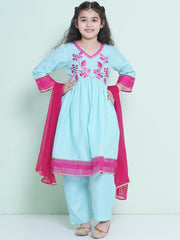 Girls Blue Embroidered Alia Design Kurta With Trousers With dupatta