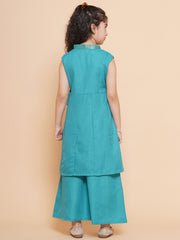 Solid Sleeveless Above Knee Length Cotton Kurta With Palazzo - Sea Green