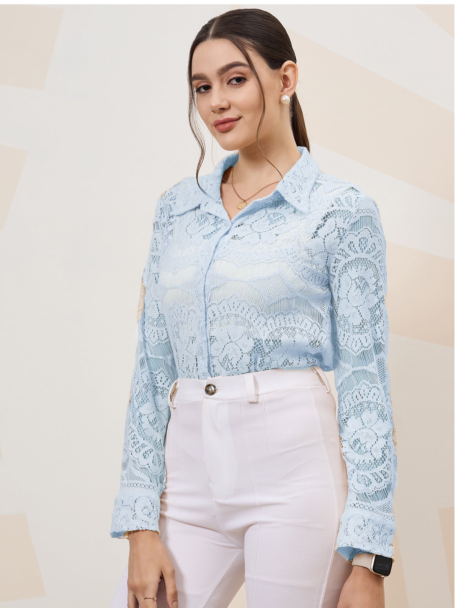 Self Design Cuffed Sleeves Lace Inserts Semi Sheer Shirt Style Top