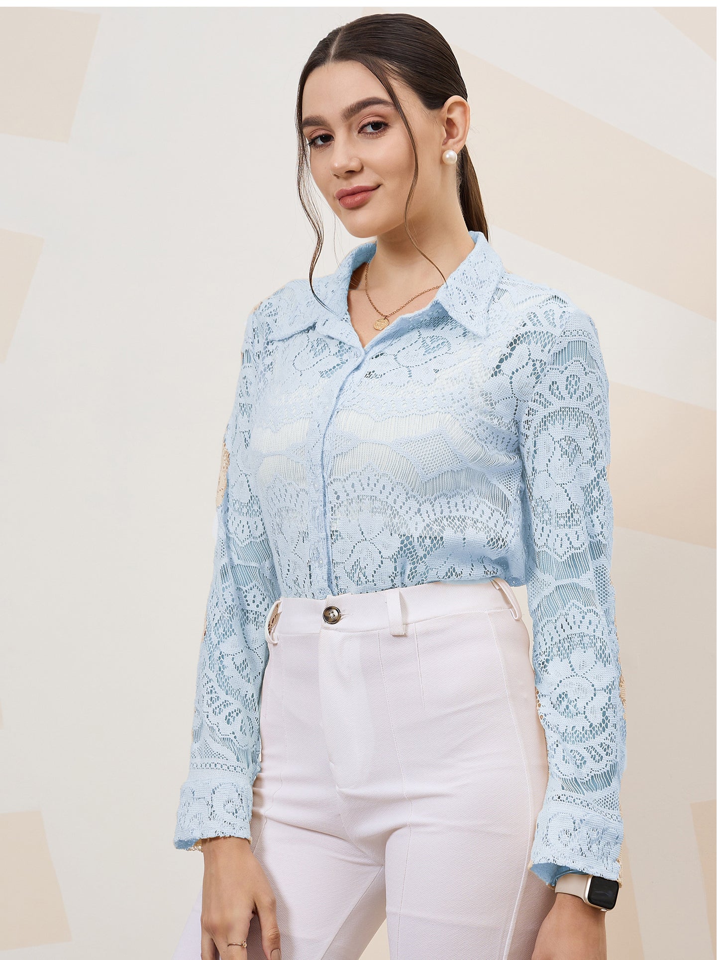 Self Design Cuffed Sleeves Lace Inserts Semi Sheer Shirt Style Top