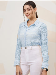 Self Design Cuffed Sleeves Lace Inserts Semi Sheer Shirt Style Top