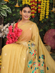 Cream Linen Cotton Saree with Bold Peacock Pallu – Elegant Zari Border Saree for Festive & Party Wear | Lightweight & Soft Fabric