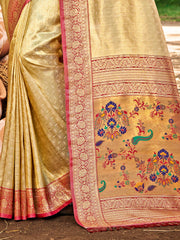 Kanjivaram Silk Saree for Women Yellow Wedding Wear with Red Blouse Rich Zari Woven Design Saree