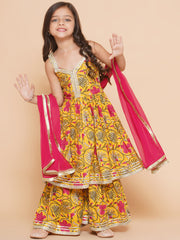 cotton  Woven Sleeveless Floral Print A Line Kurta And Sharara With Dupatta Set - Yellow
