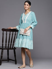 Varanga Women Turquoise Blue Short Gather Dress.