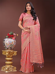 Elegant Orange Linen Cotton Saree with Floral Weave & Soft Gold Pallu – Graceful Choice for Casual, Office & Festive Looks
