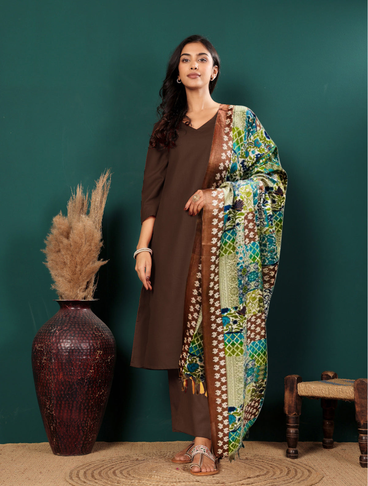 Women V Neck Straight Kurta with Pants & Dupatta
