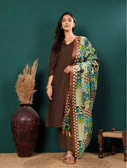 Women V Neck Straight Kurta with Pants & Dupatta