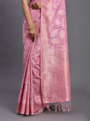Sky Blue Linen Cotton Saree with Silver Zari Weave & Tassels – Festive & Elegant Office Wear