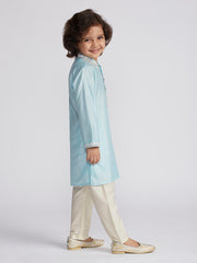 Boys' Aqua And Cream Kurta And Pyjama Set