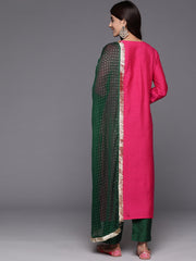 Women Pink Placement Design  Embroidered Straight Kurta Paired With Contrast Bottom And Chiffon Dotted Dupatta With Four Side Fringes