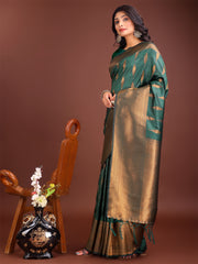 Teal Blue Linen Cotton Saree with Golden Zari Leaf Woven Design & Rich Pallu – Festive Wear | Office Look | Soft Drape