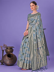 Elegant Green Floral Lichi Silk Saree with Zari Weaving and Rich Pallu – Wedding & Festive Wear Saree