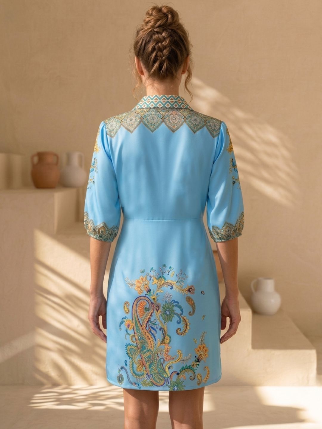 Blue Linen Paisley Shirt Dress-ADR-19779
