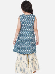 cotton Woven Sleeveless Floral Print A Line Kurta And Sharara Set - Blue