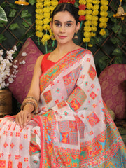 Off White Linen Cotton Saree with Multicolor Ethnic Print – Soft & Lightweight Saree for Festive, Daily, and Office Wear