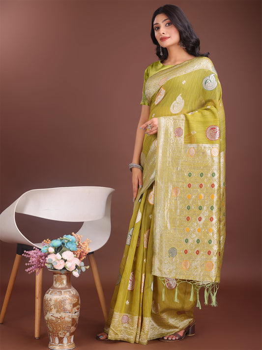 Elegant Olive Green Linen Cotton Saree with Zari Border & Woven Motifs – Perfect for Sophisticated Everyday & Festive Looks